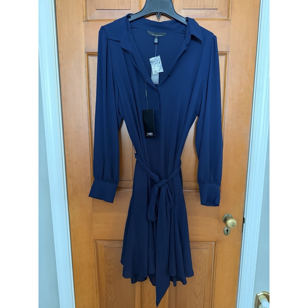 Women's White House Black Market Officer Blue Godet Shirt Dress Size 14 NWT